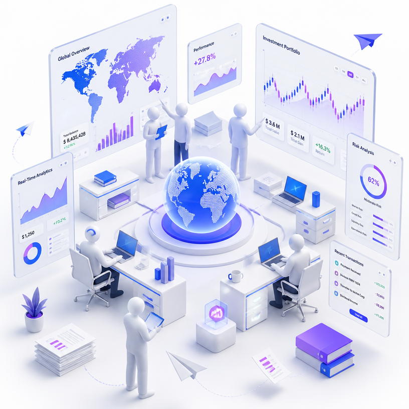 3D isometric: команда работает с финтех-дашбордами, плавающие экраны и глобус в центре