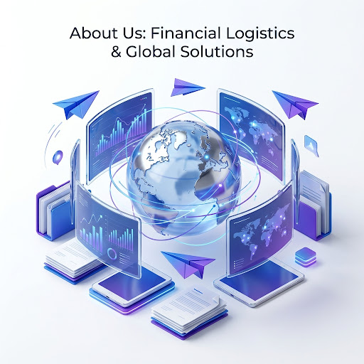 3D visualization of delivery network: cargo planes, trucks and ships connected by glowing blue and purple data lines